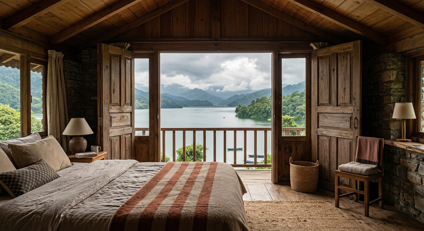 Rustic homestay room with open doors revealing a lakeview, simple decor, monsoon clouds in background, natural warm tone