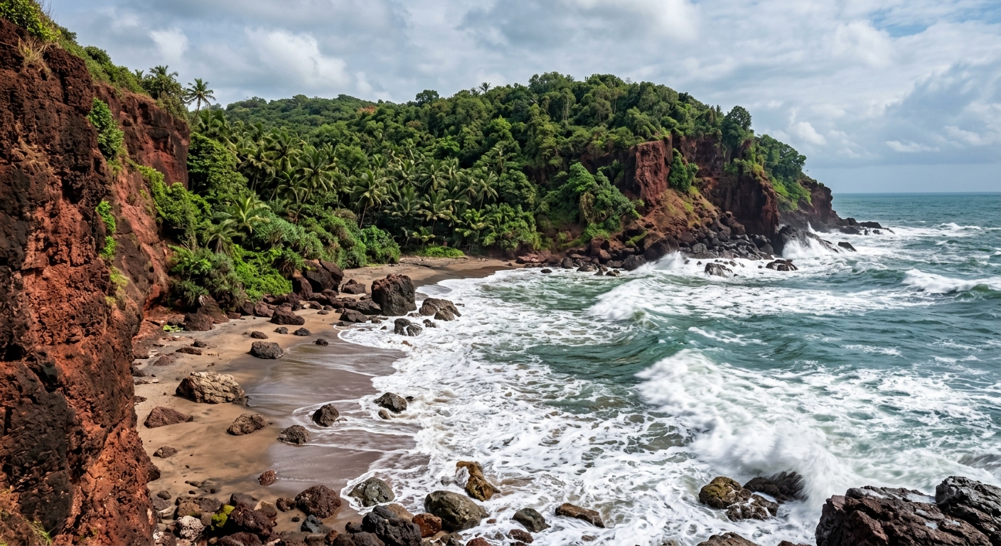 Rocky Kakolem Beach surrounded by red cliffs, rough waves, dense greenery on hillside, dramatic coastal landscape, natur