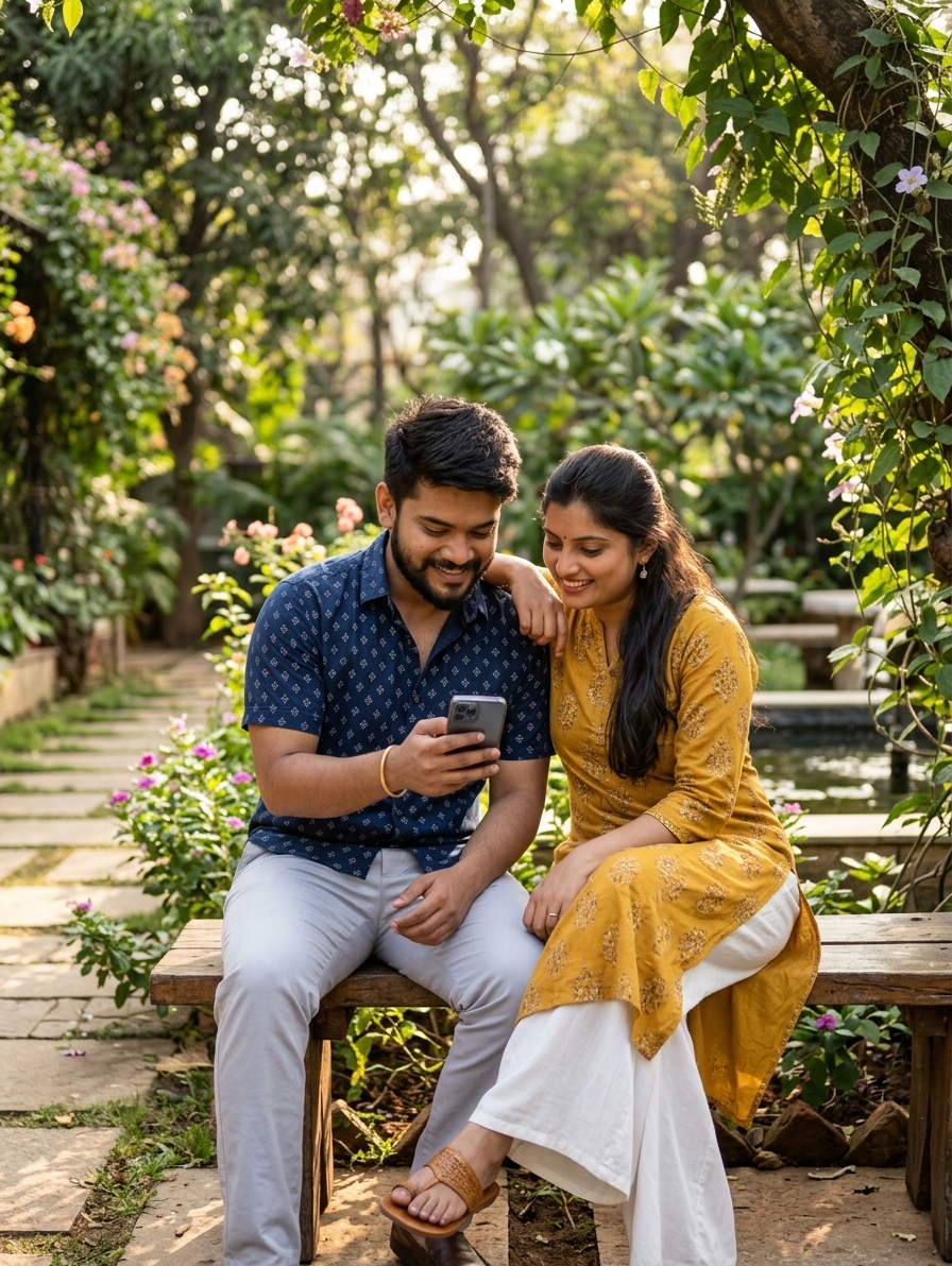 Indian couple reviewing homestay details on phone, sitting in garden area, natural candid moment, afternoon light