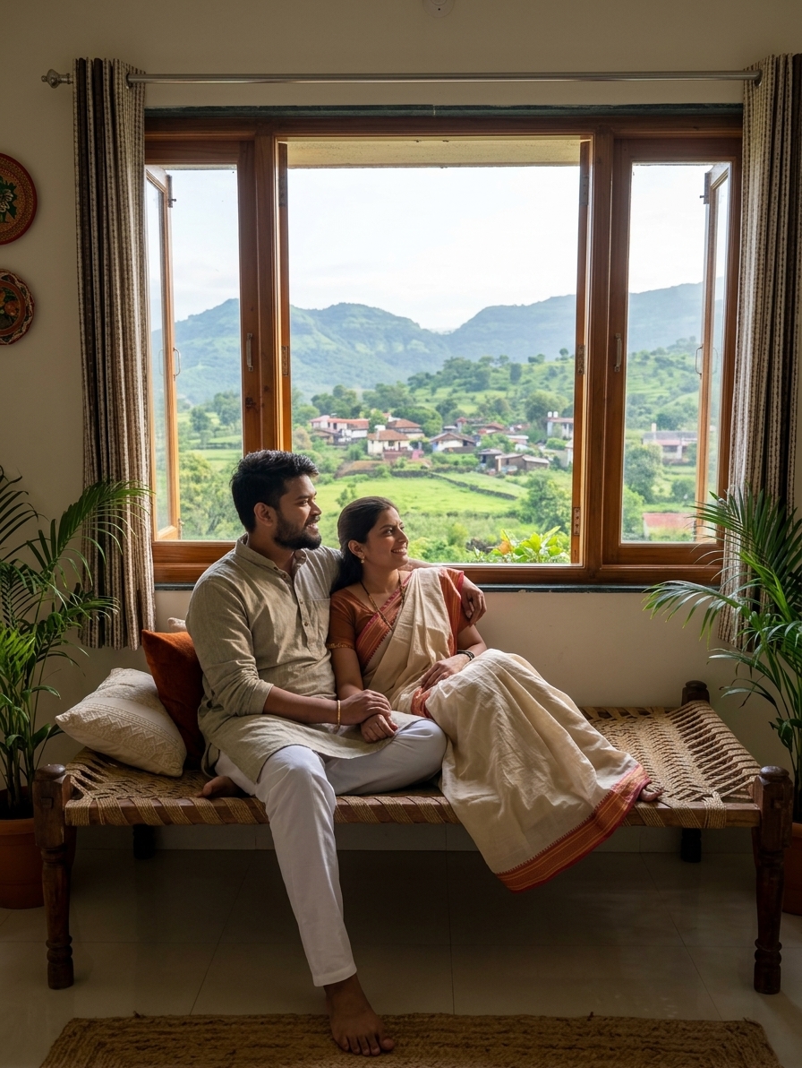 Simple clean homestay room in Maharashtra village, couple relaxing by window with hill view, cozy natural morning light,