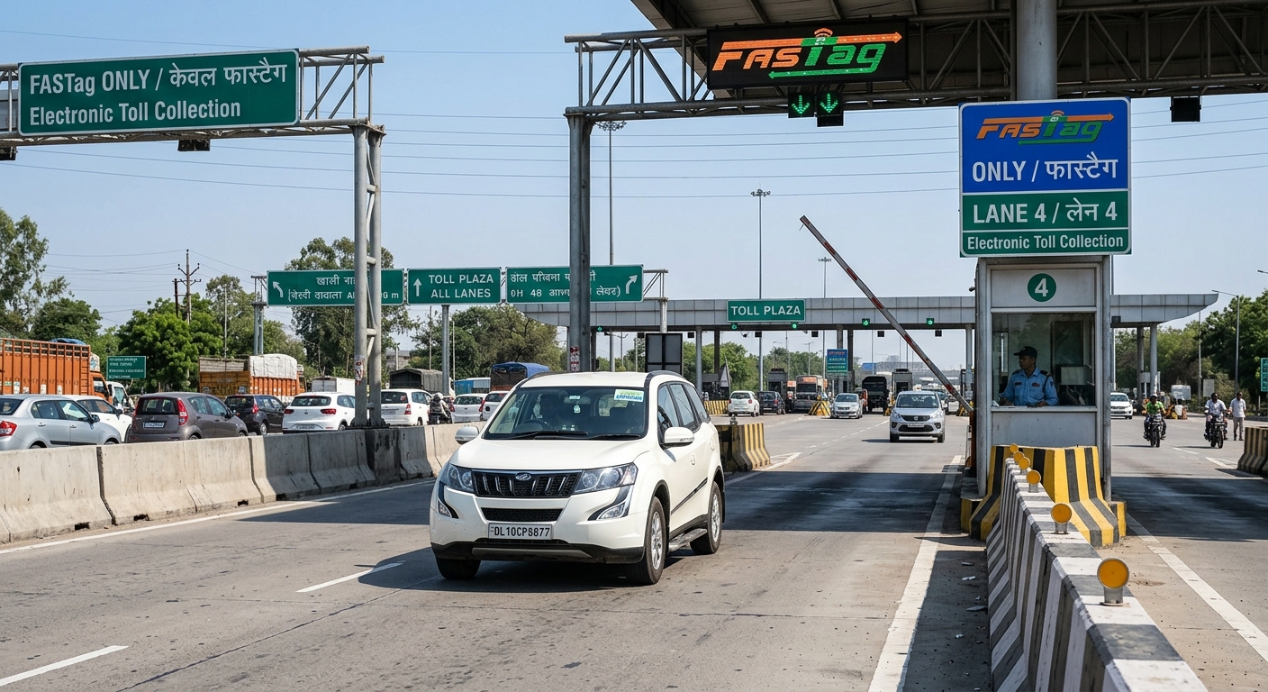 Indian highway toll plaza FASTag lane, car passing through, clear signage visible, realistic road trip scene, bright day