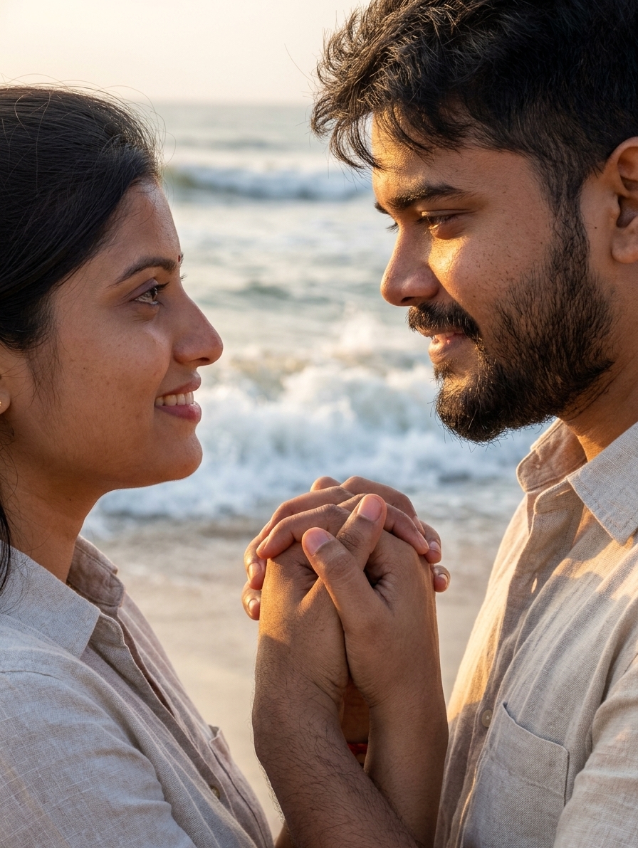 Close-up of couple holding hands watching sunrise at Kanyakumari beach, warm golden light on faces, ocean waves in backg
