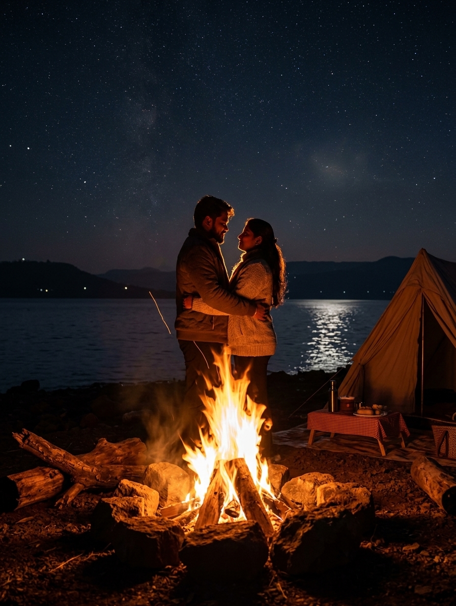 Bonfire at night with couple silhouettes, starry sky above Pawna Lake, warm firelight glow, romantic camping atmosphere