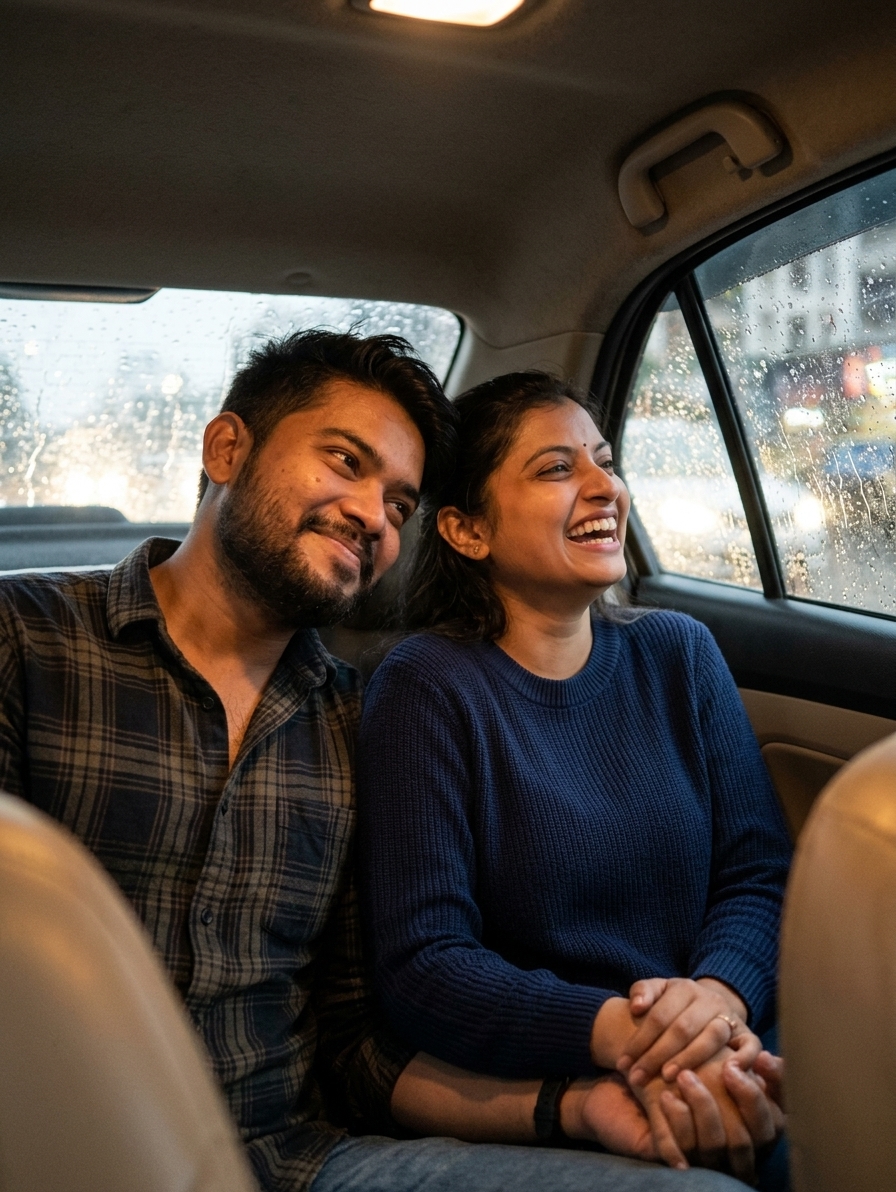 Authentic candid moment: couple laughing in car during unexpected rain, unposed, genuine connection, foggy windows, real