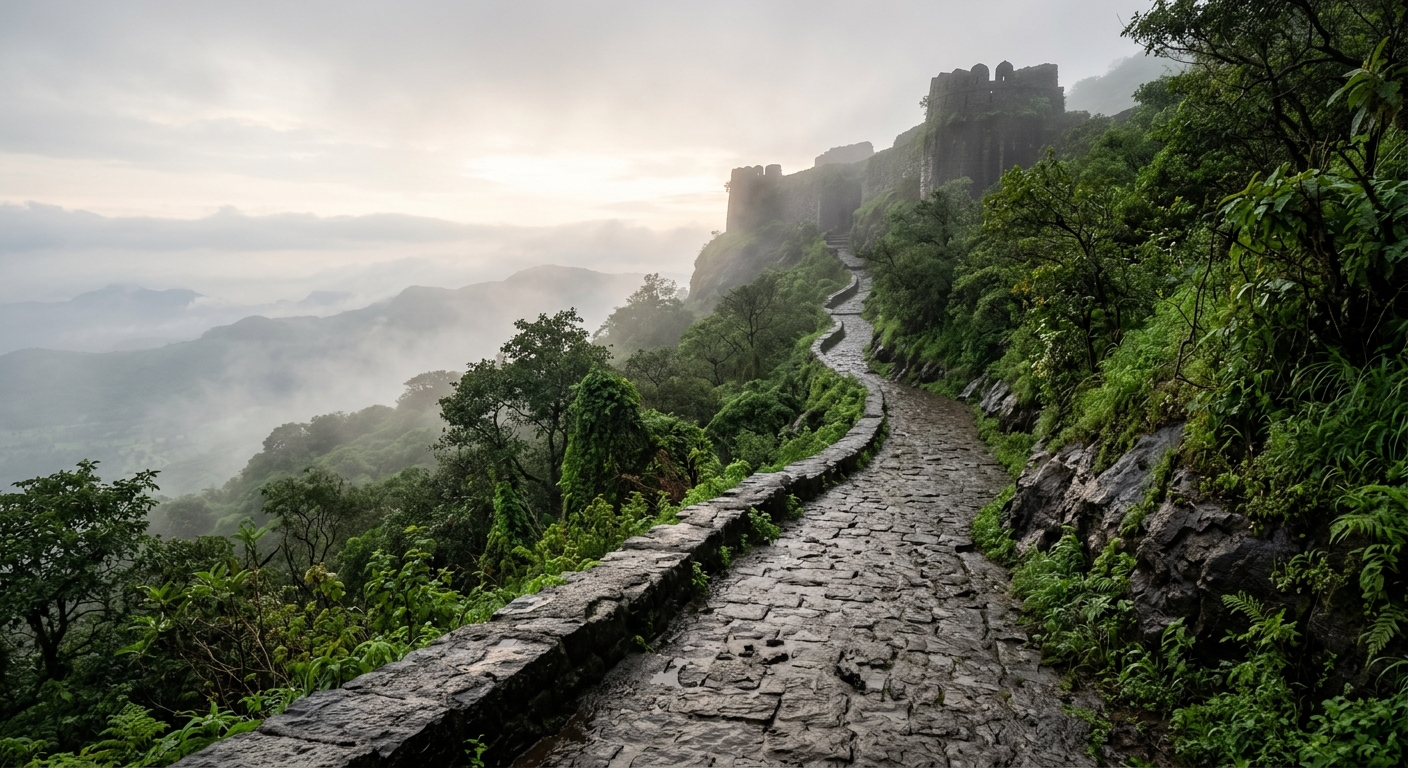 Early morning view of Sinhagad Fort approach road with light fog, wet stone path, monsoon greenery, atmospheric perspect