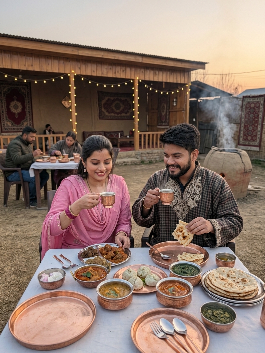 Couple eating traditional Kashmiri meal at local dhaba, steaming kahwa cups, authentic street food scene, warm ambient l