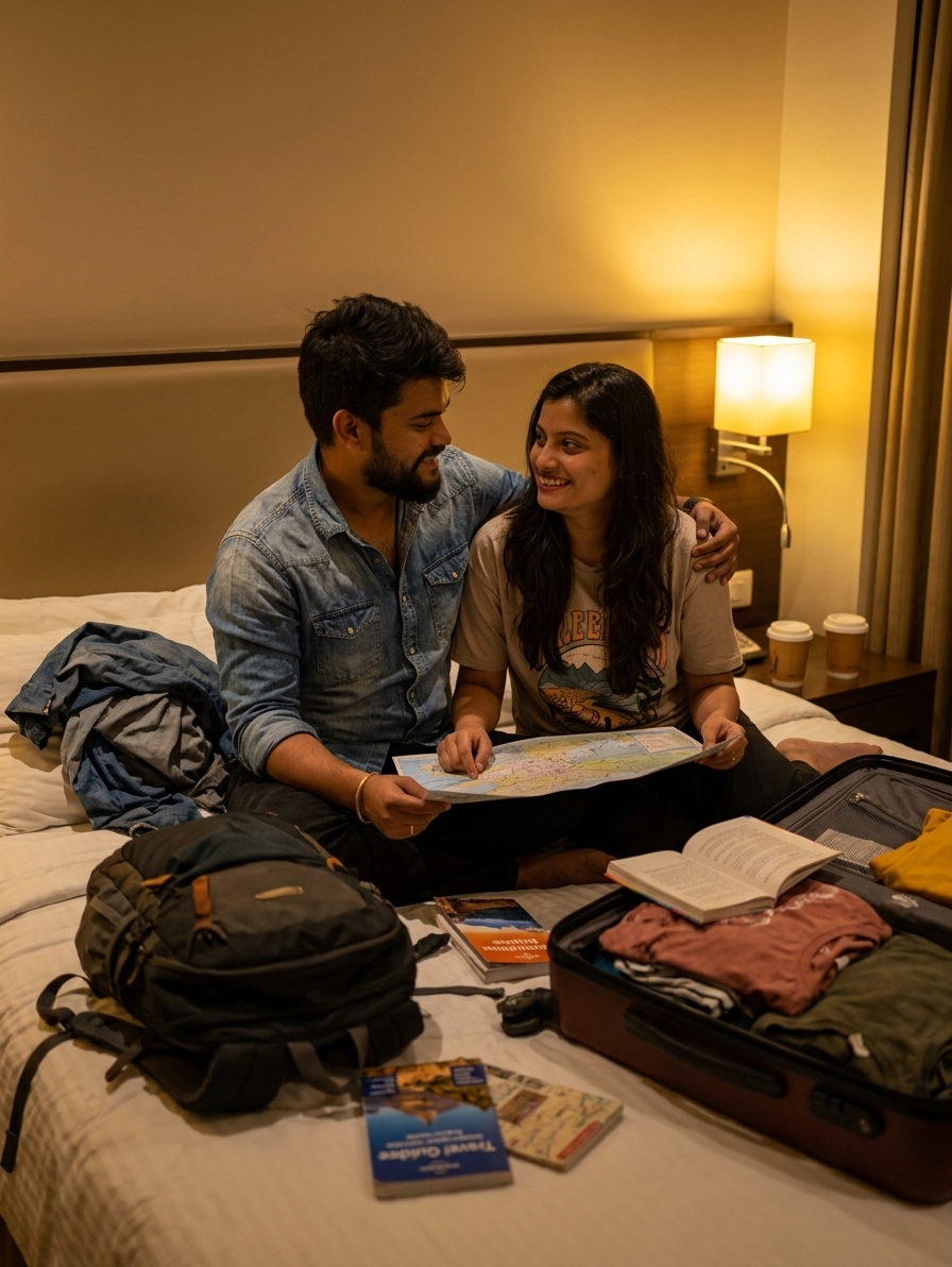 Two travelers sitting on hotel bed with bags unpacked, tired but smiling, end-of-day debrief setup, warm ambient room li