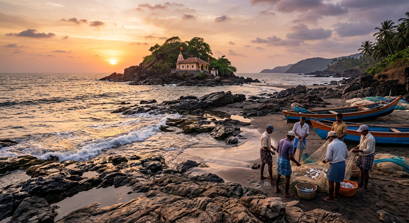 Vengurla beach at sunset, rocky shoreline with small temple on island, local fishermen, authentic Konkan coast scene, wa