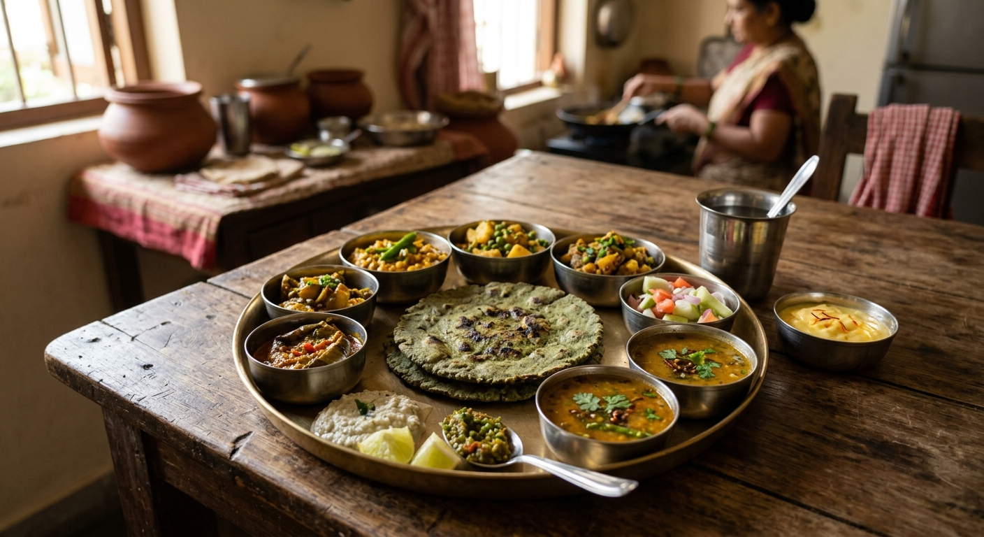 Maharashtrian thali spread with bhakri, dal, vegetables, small steel bowls, rustic wooden table, homestyle plating, warm