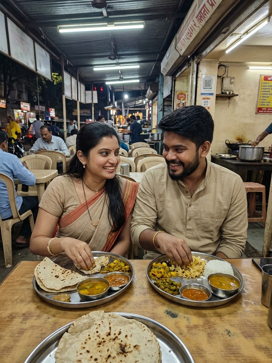 Couple sharing a simple local meal at a small roadside eatery, authentic Maharashtrian thali, warm lighting, genuine smi