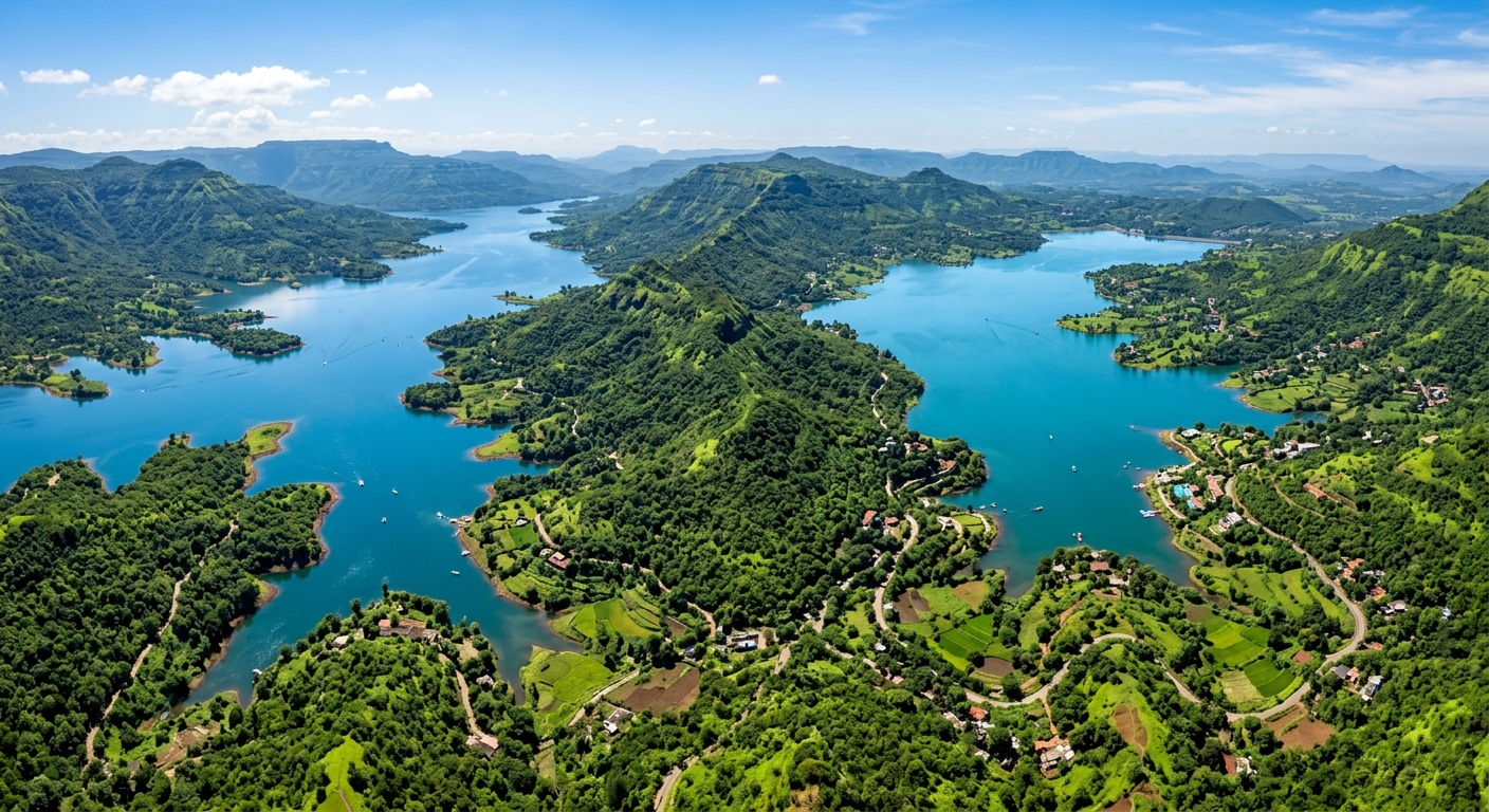Scenic aerial view comparing Mulshi and Pawna lakes side by side, lush green surroundings, clear blue water, drone photo