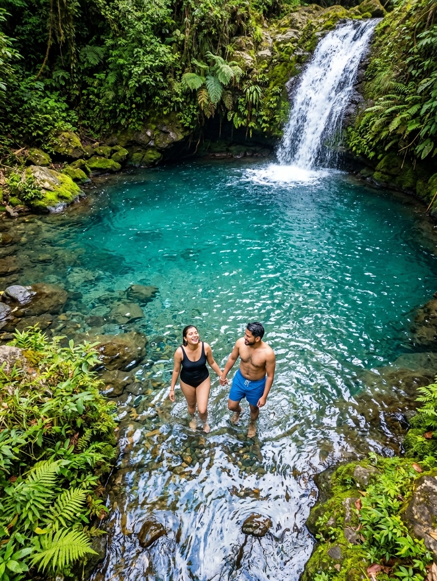 Overhead view of clear natural pool at waterfall base with couple wading in shallow water, vibrant green surroundings, b