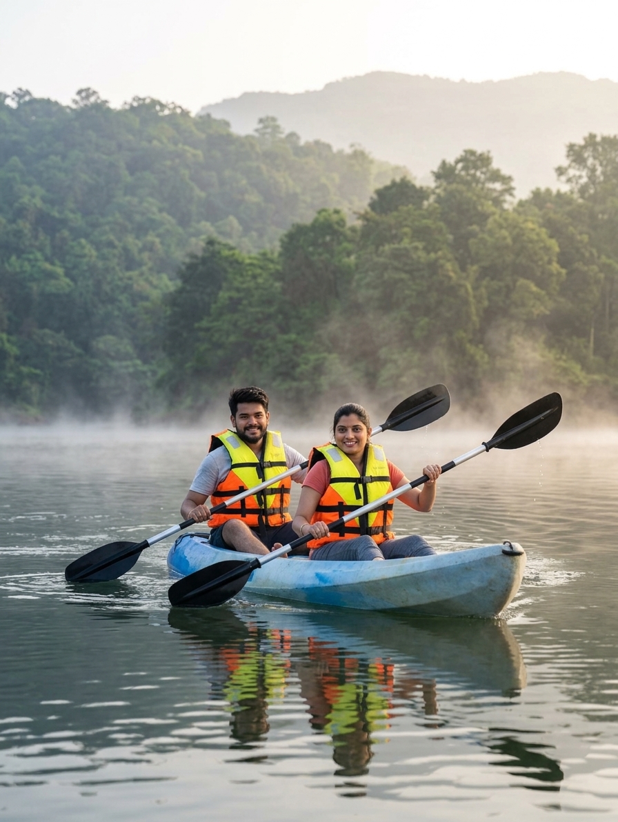Kayaking on Mulshi reservoir, couple in bright life jackets, misty morning light, lush hills in background, wide landsca