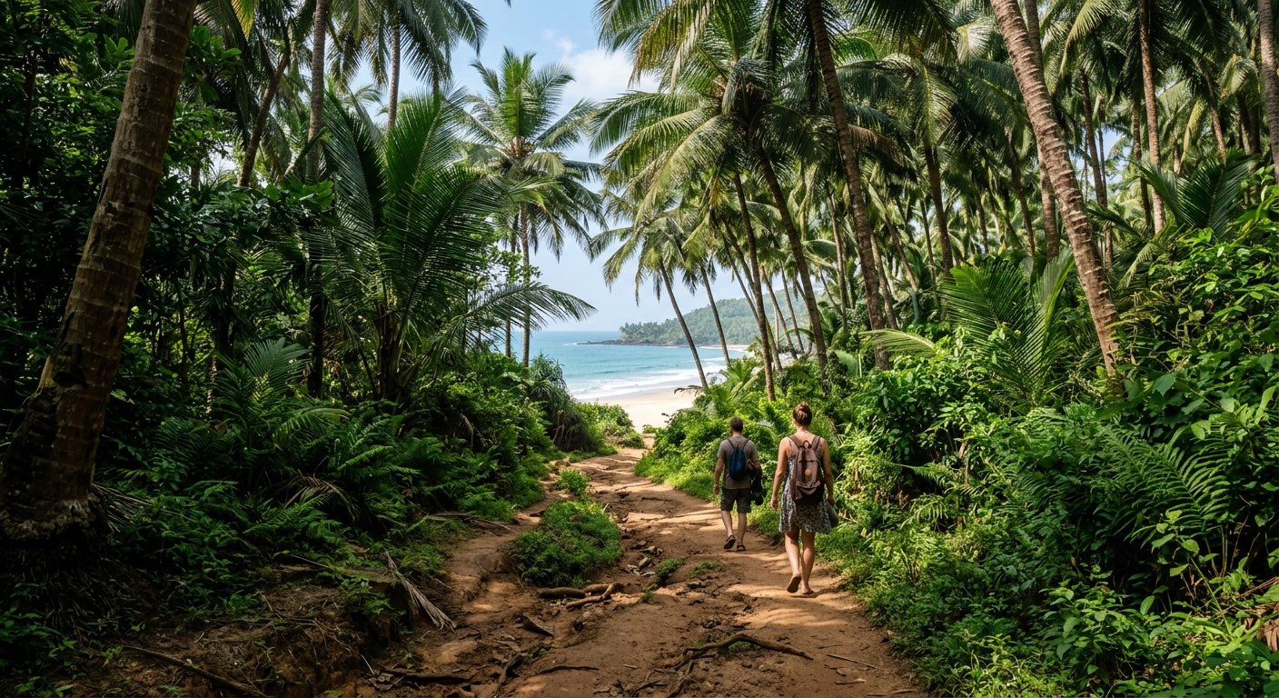 Narrow dirt path leading to Cola Beach through dense palm trees, rustic access route, tropical canopy, candid travel mom