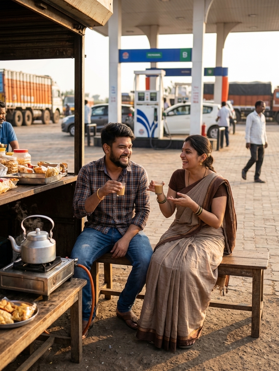 Indian couple taking chai break at highway petrol pump, candid moment, roadside stall background, warm afternoon light,