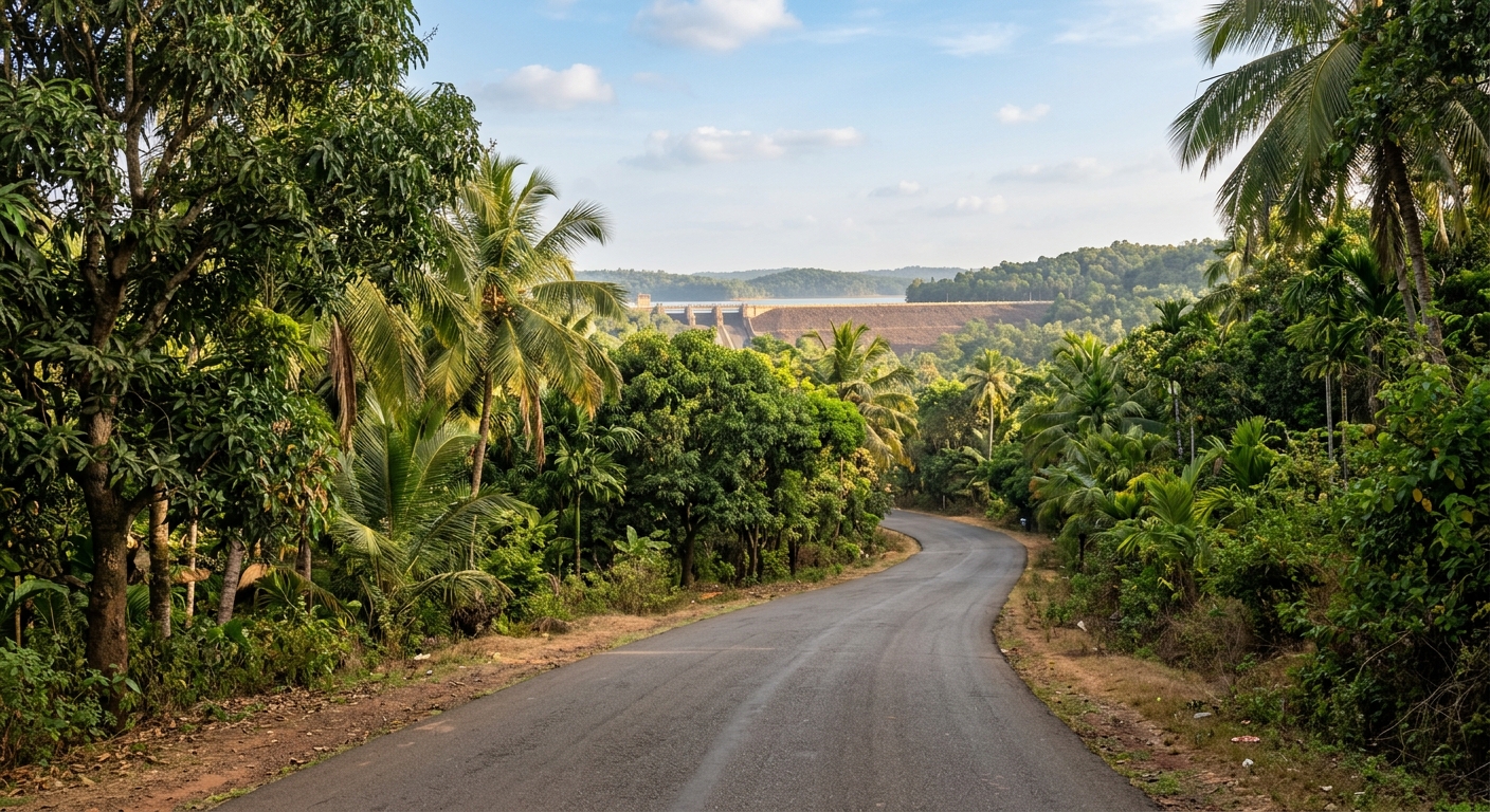 Empty village road leading to Salaulim Dam, tree-lined, gentle curve, warm afternoon light, peaceful rural Goa landscape
