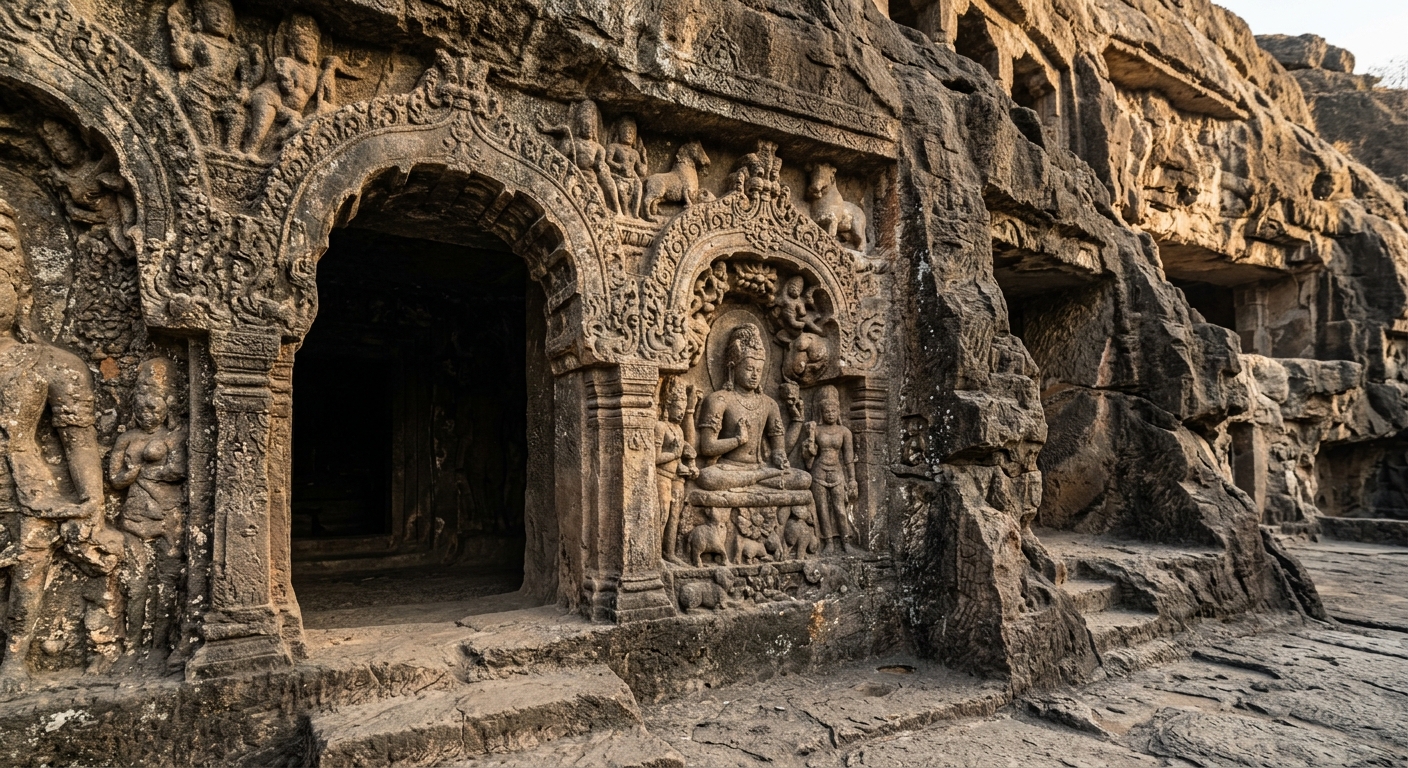 Detailed rock-cut architecture close-up, weathered stone carvings, ancient chisel marks visible, natural texture, warm a
