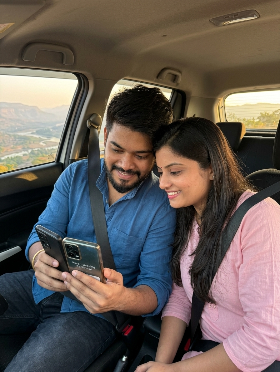 Couple reviewing resort booking on phone while sitting in parked car with valley view visible through window, golden hou