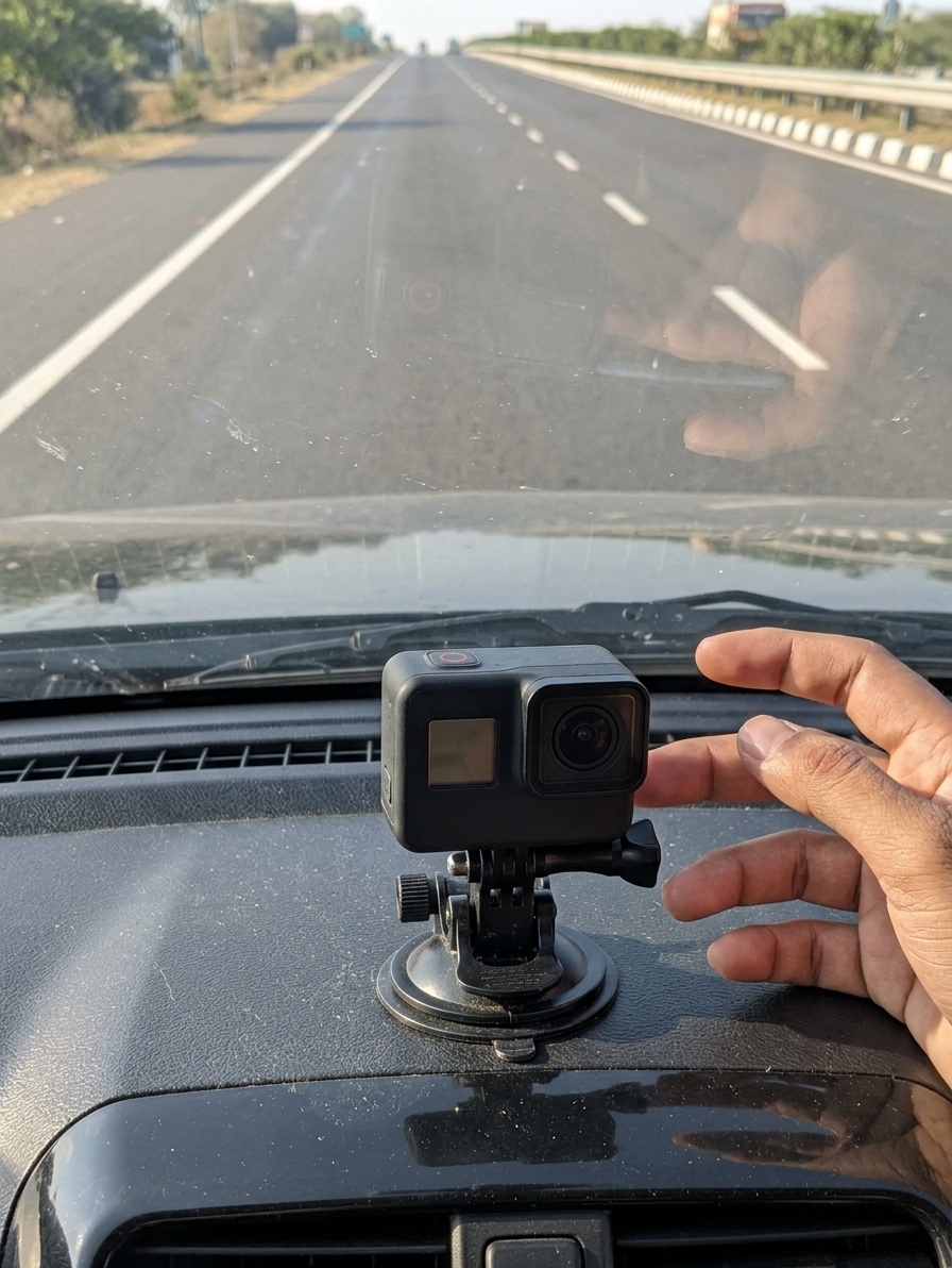 Simple GoPro setup on car dashboard capturing road ahead, authentic travel filming gear, realistic traveler perspective,
