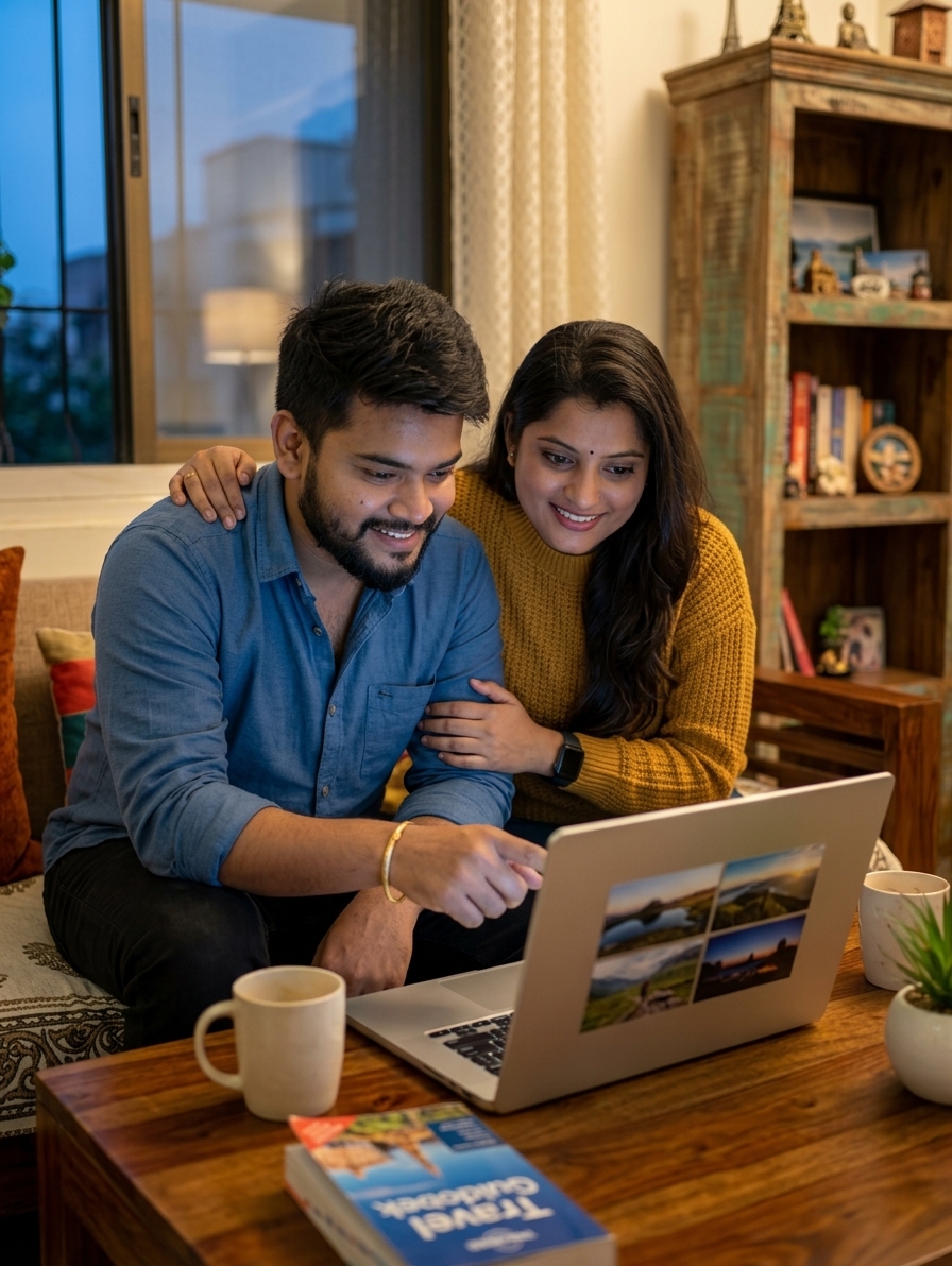 Couple reviewing travel footage together on laptop in cozy homestay setting, warm evening light, screen glow on faces, c