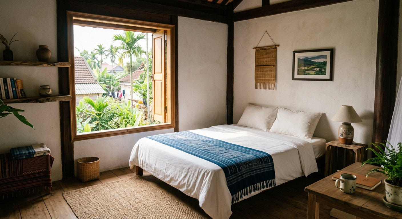 Simple cozy homestay room with local decor, morning light through window, minimal aesthetic, real travel photography sty