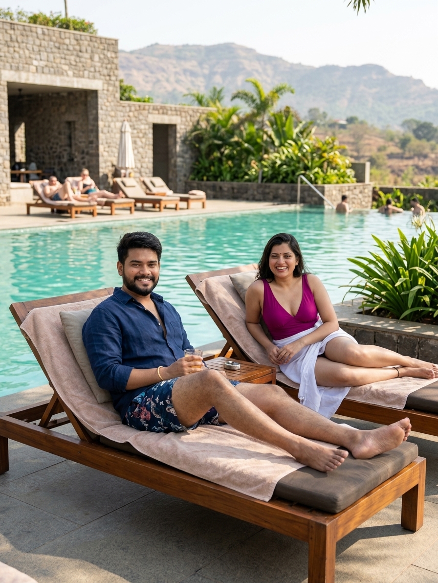Hotel resort poolside with Mulshi hills in the distance, modern aesthetic, couple relaxing on lounge chairs, bright dayl