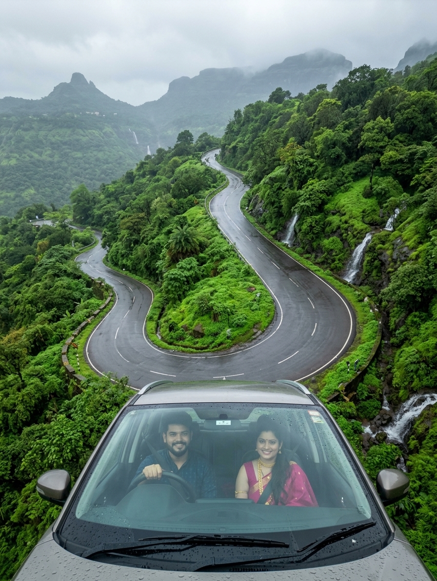 Winding ghat road through lush greenery approaching Lonavala, monsoon season mist, couple's car on mountain curve, aeria