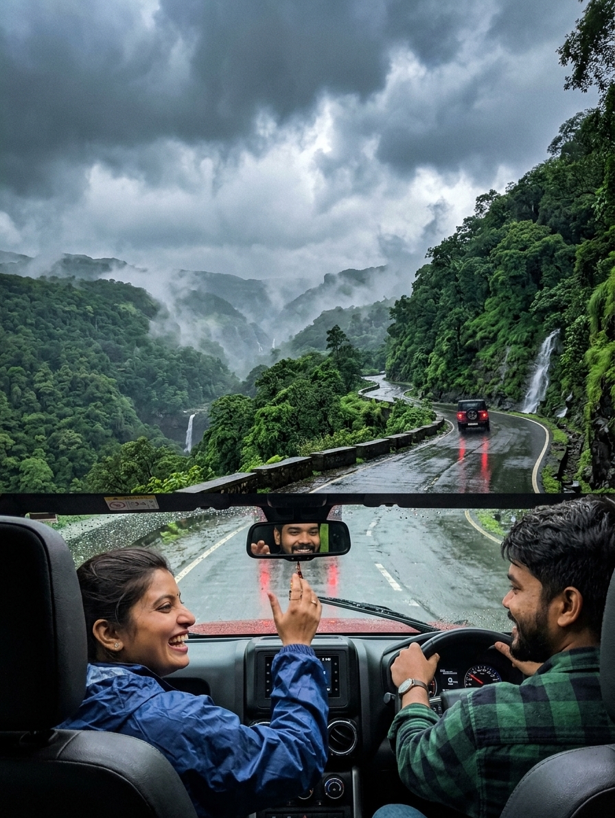 Winding ghat road through lush green Sahyadri mountains during monsoon, rain-soaked tarmac, dramatic cloudy sky, couple'