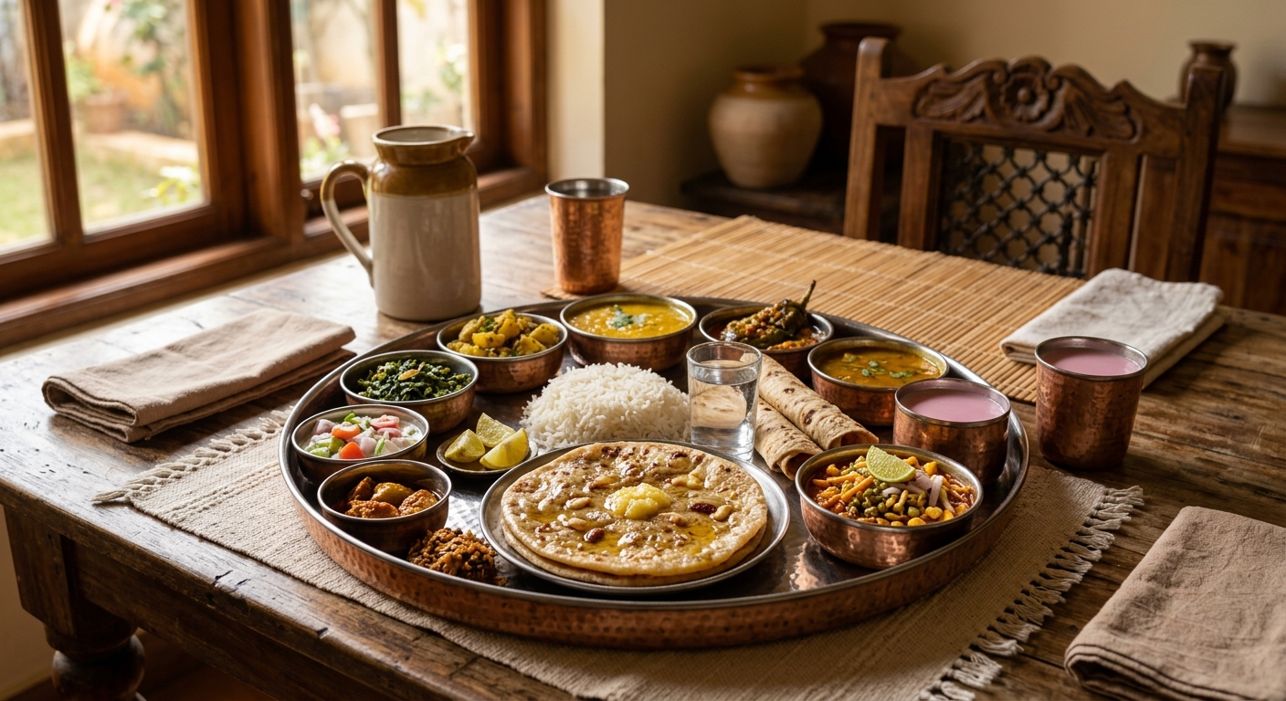 Traditional Maharashtrian thali served at homestay dining table, home-cooked food, warm indoor lighting, authentic prese