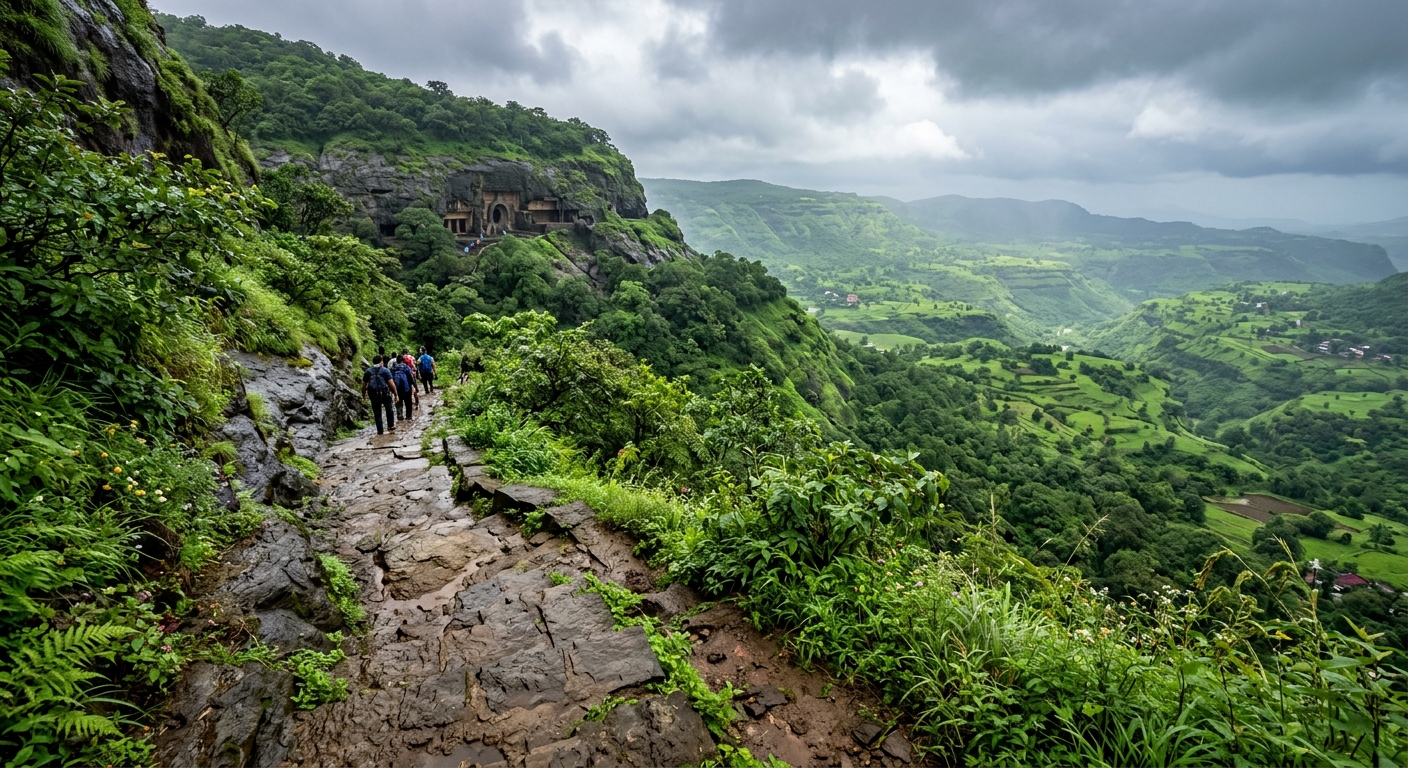 Winding stone trek path leading uphill to Bedse Caves, lush green valley view in background, monsoon season, natural out