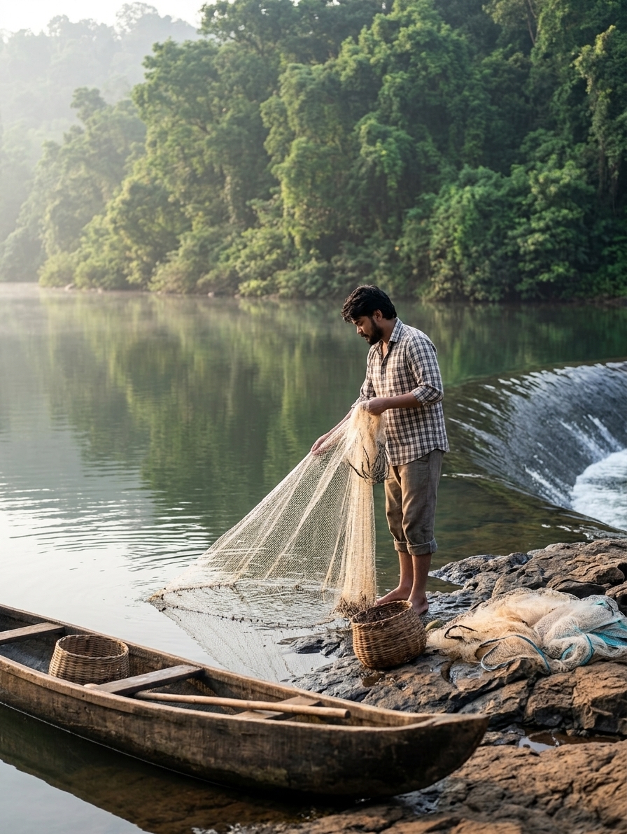 Quiet downstream clearing at Salaulim Dam, local fisherman by calm water, side view of spillway, dense forest, peaceful