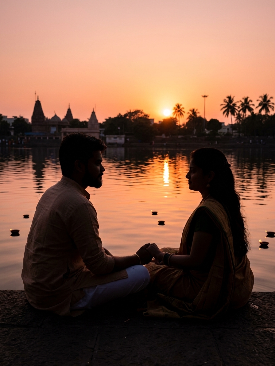 Two people sitting peacefully by sacred water body at sunset, silhouette composition, reflective calm spiritual atmosphe