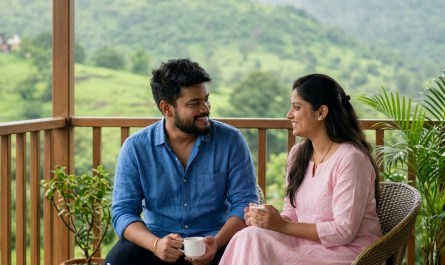 Cozy couple sitting on a resort balcony overlooking Lonavala hills, soft morning light, natural candid moment, warm tone