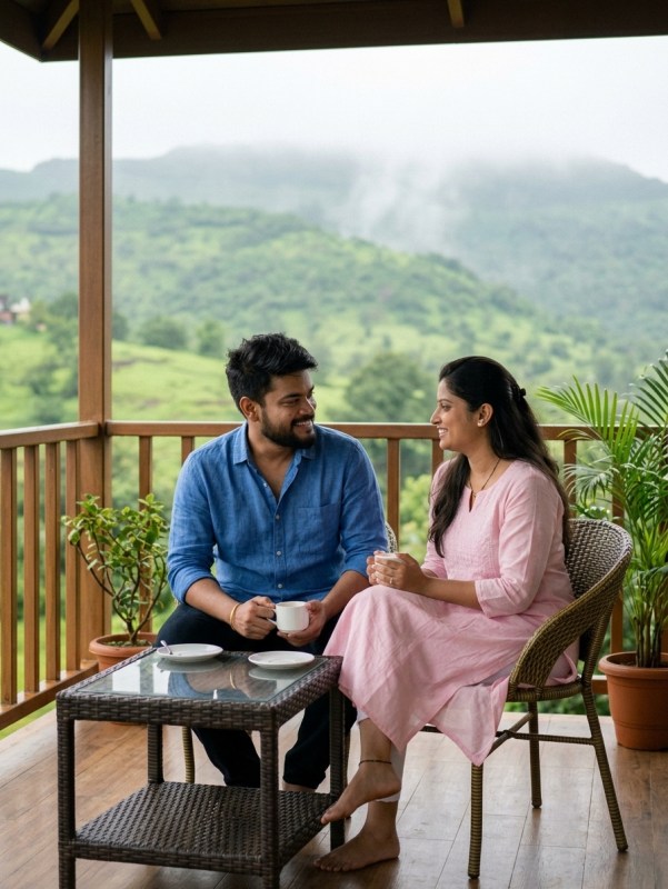 Cozy couple sitting on a resort balcony overlooking Lonavala hills, soft morning light, natural candid moment, warm tone