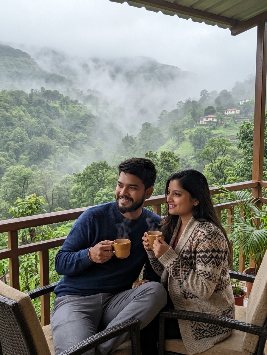Hill view from affordable Lonavala resort, green valleys, misty morning, couple holding chai cups on sit-out area