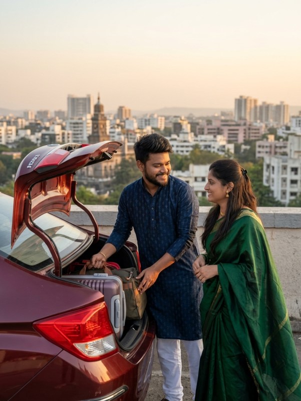 Couple loading bags into sedan at dawn, Pune cityscape in background, soft golden hour light, natural travel prep moment