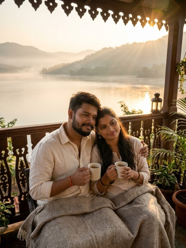 Couple sitting on private balcony overlooking Mulshi lake at sunrise, warm golden light, cozy homestay vibe, peaceful mo