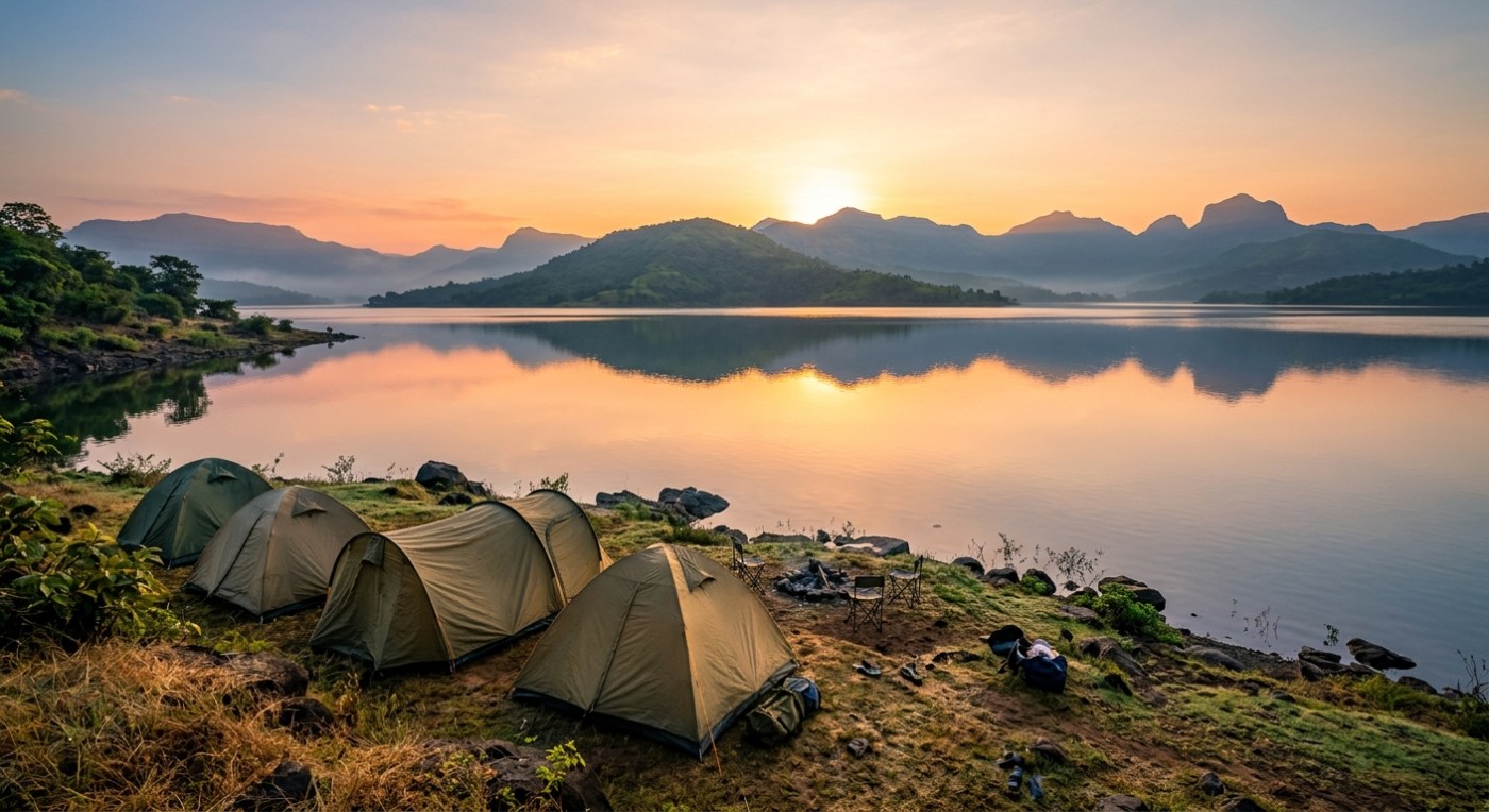 Sunrise over Pawna Lake with tents in foreground, golden hour light, calm water reflection, wide landscape shot, peacefu