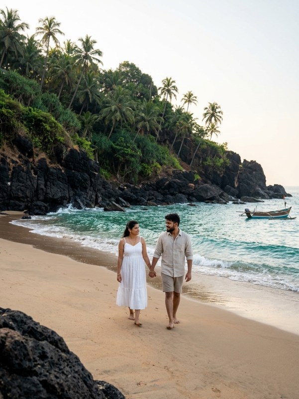 Secluded Goa beach cove framed by cliffs, soft morning light, turquoise water, single couple walking on empty sand, natu