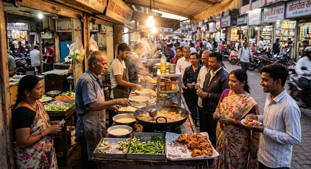 Busy street food stall in Lonavala old market, evening light, locals queuing for bhajji, warm golden glow, candid travel
