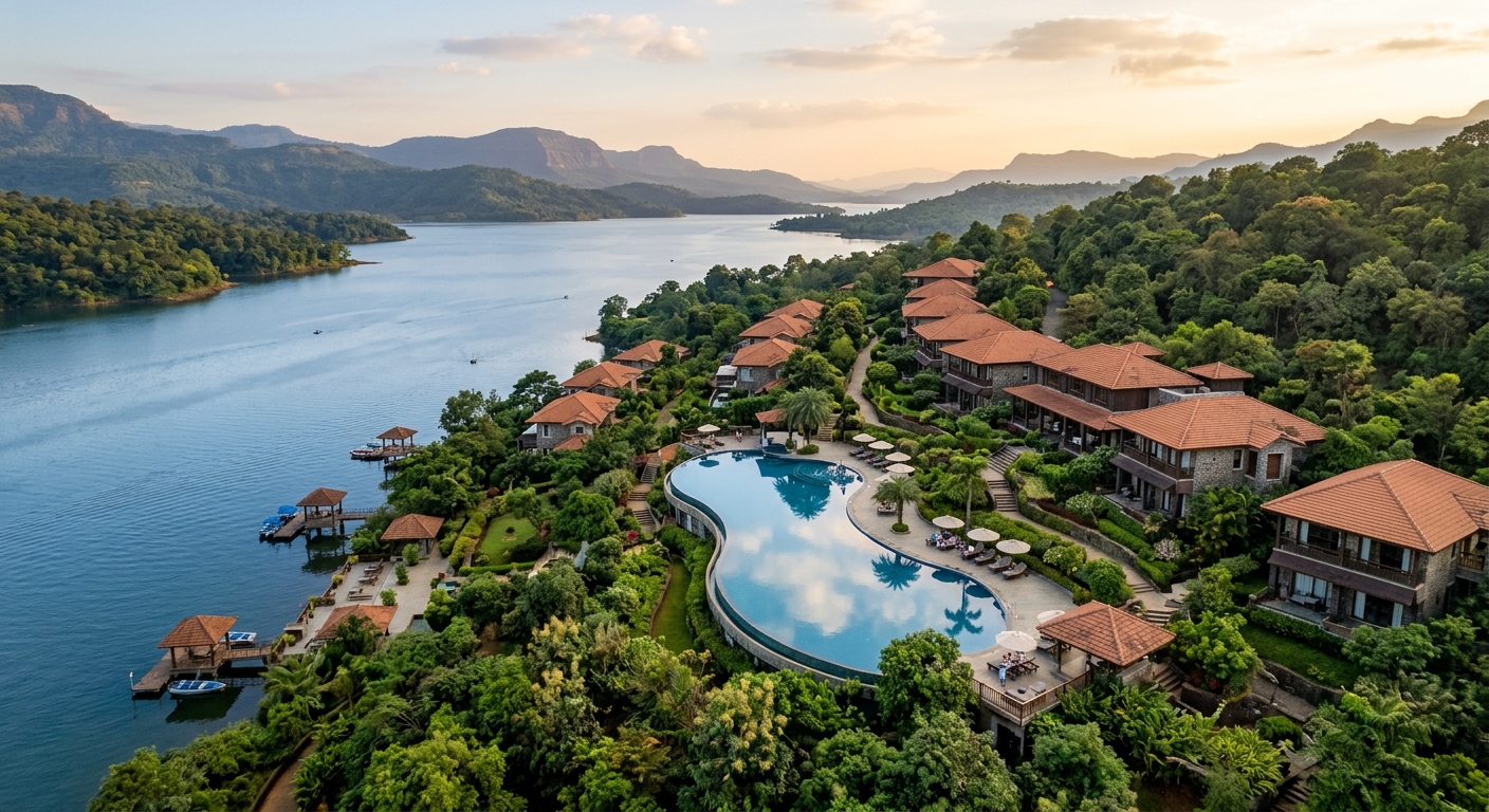 Aerial view of luxury lakeside resort with infinity pool reflecting Mulshi lake, lush greenery, late afternoon soft ligh