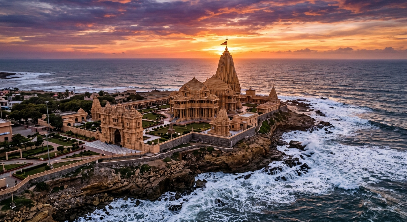Aerial view of coastal Somnath Temple with Arabian Sea waves, dramatic sunset orange and purple sky, ancient stone archi