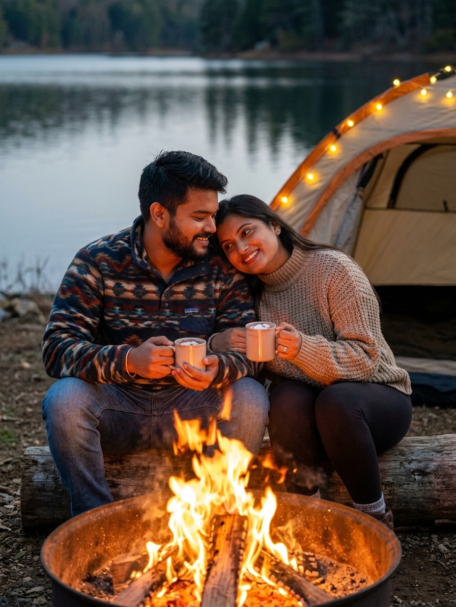 Couple sitting by bonfire at campsite near lake, evening light, cozy setup with string lights, candid moment, warm orang