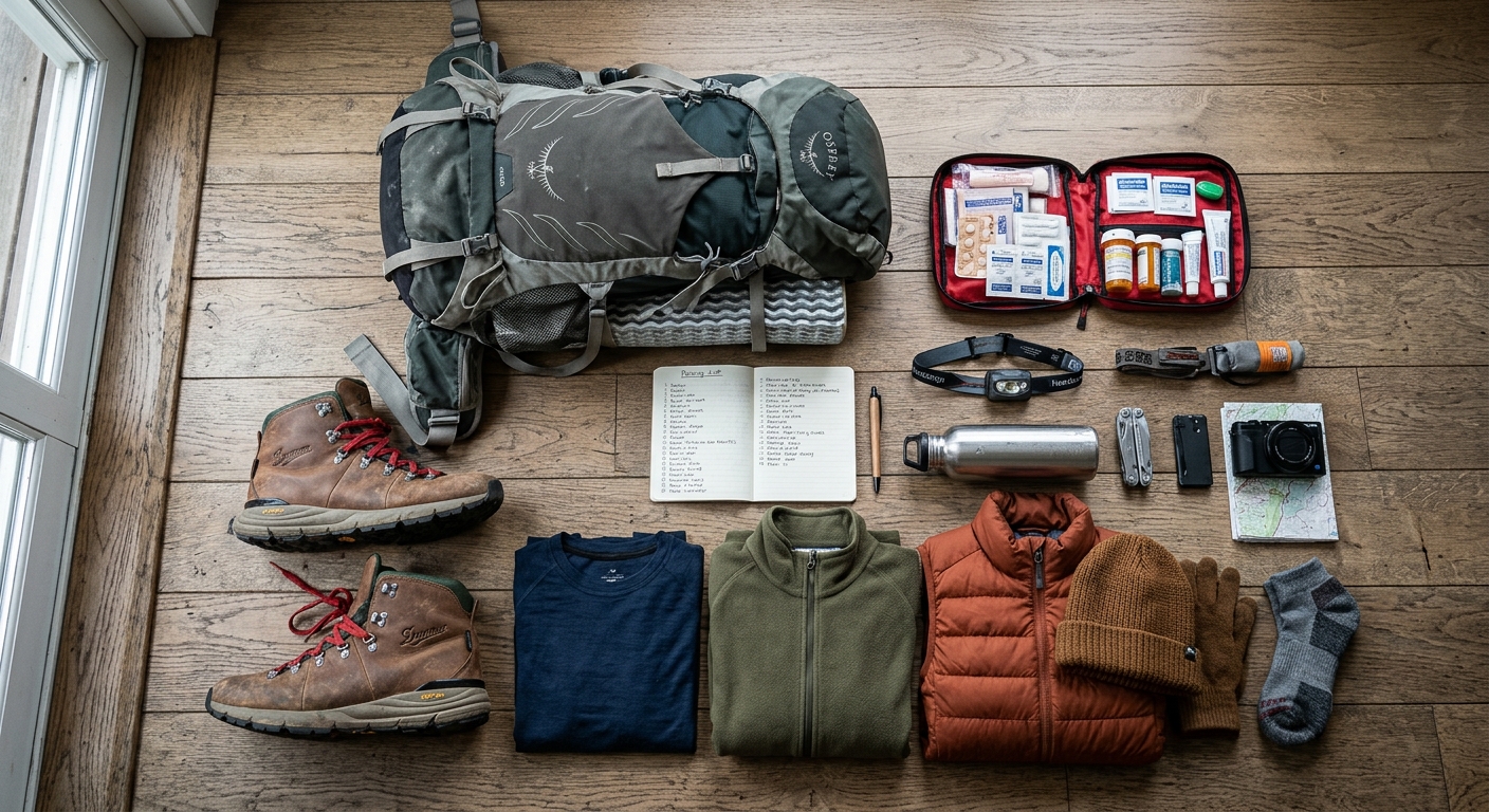 Trekking boots and backpack laid out on wooden floor with packing list, warm clothing, medicine kit, natural indoor ligh