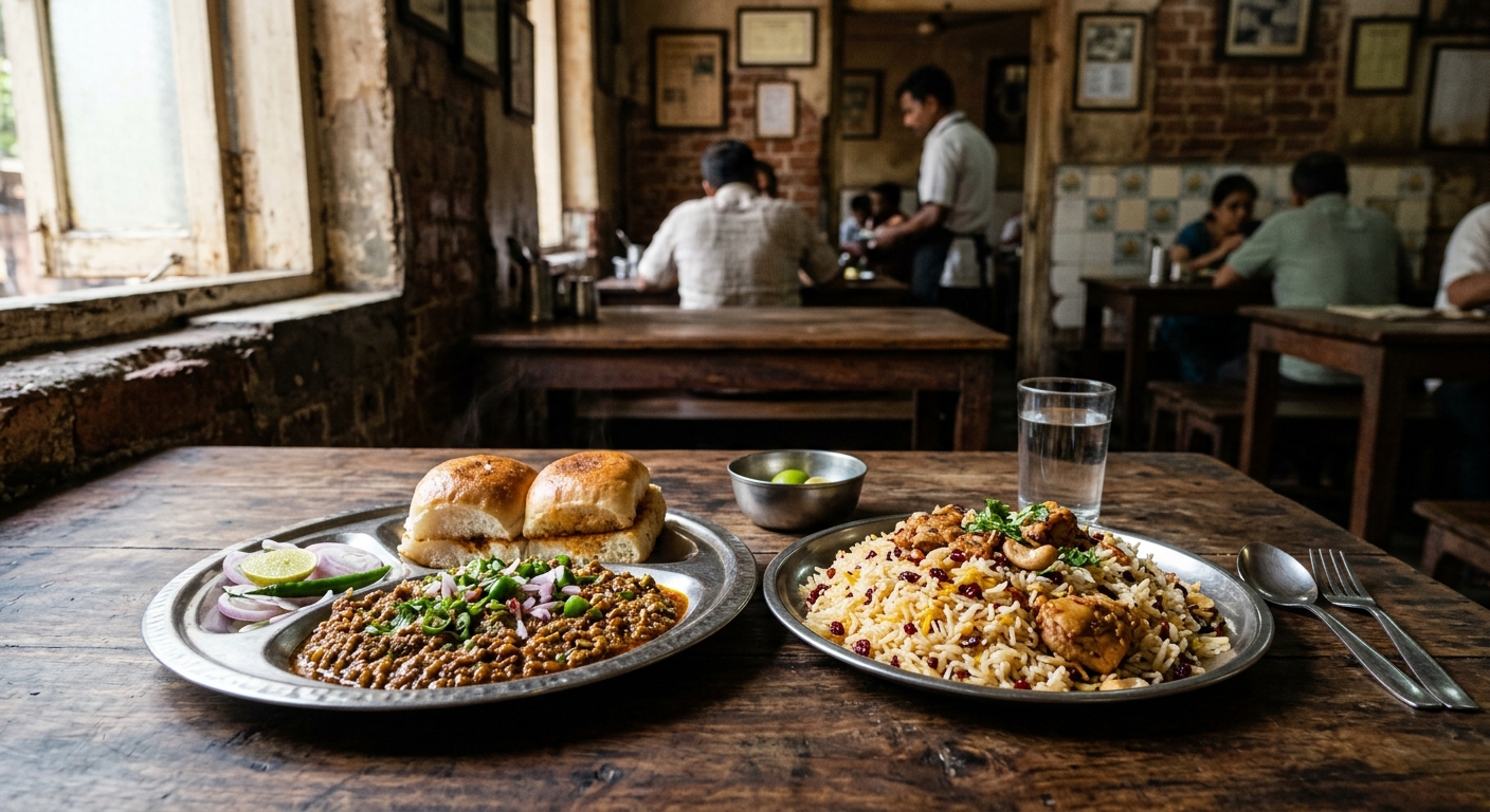 Traditional Parsi dhaba interior, steaming keema pav and berry pulao on metal plates, rustic wooden table, natural dayli