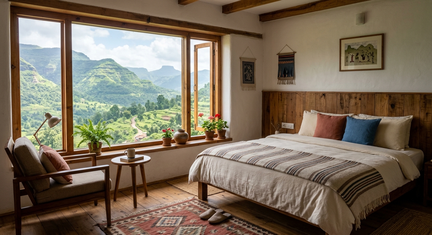 Cozy homestay room interior with valley view window, warm natural lighting, simple comfortable setup, Maharashtra hills