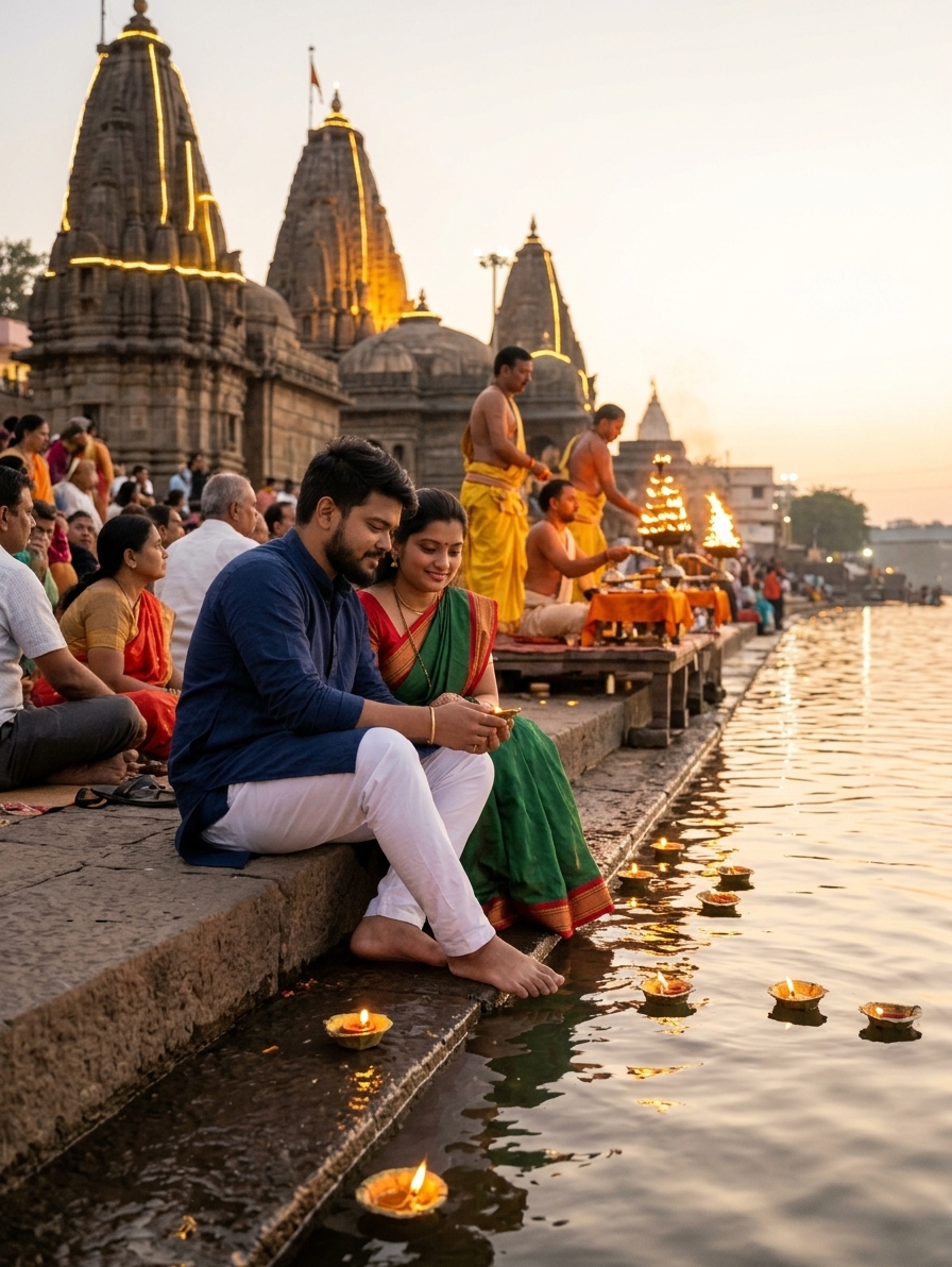 Two people sitting quietly by Godavari river ghat in Nashik during evening aarti, diyas floating on water, soft temple l