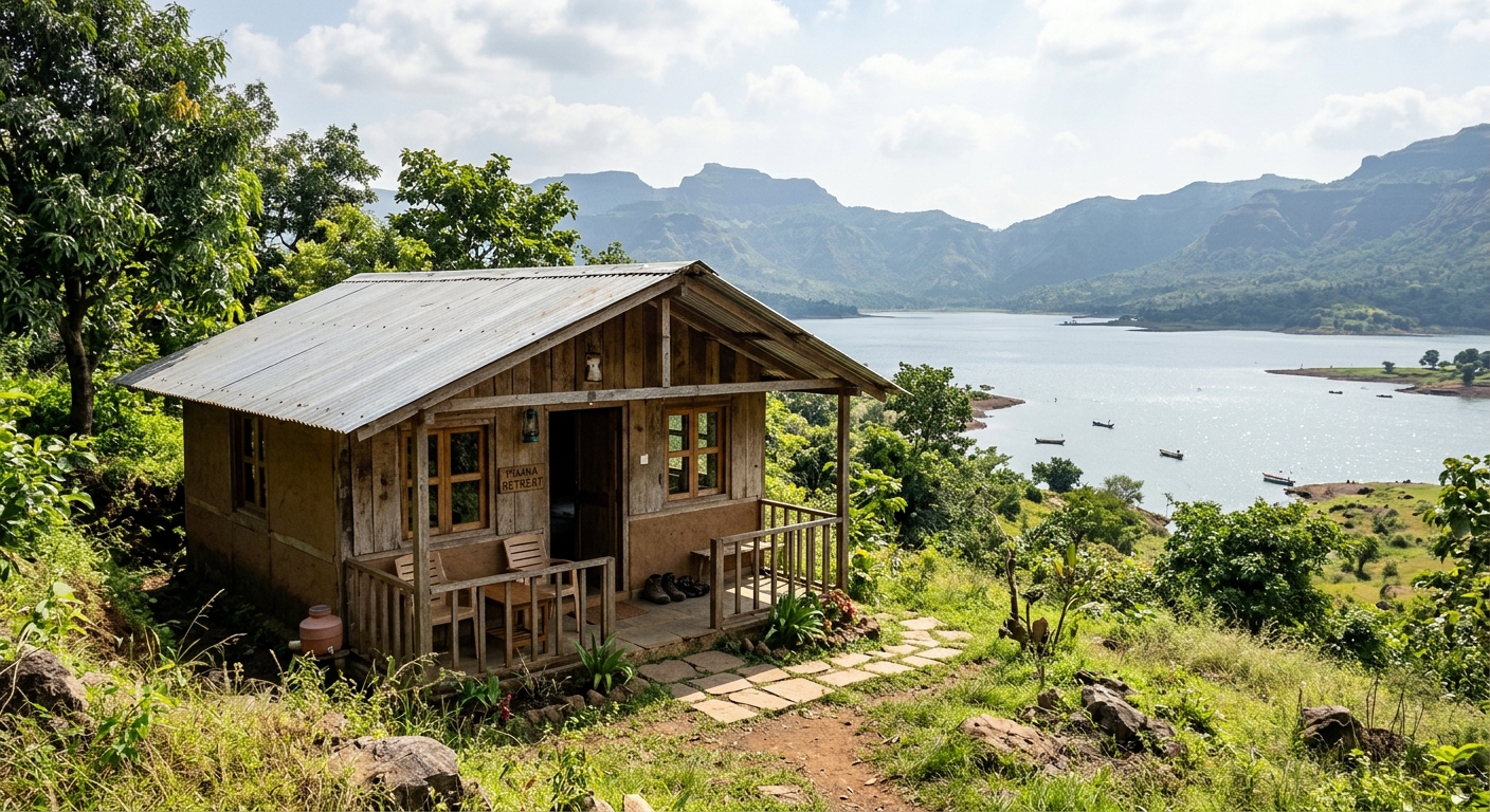 Simple camping cottage exterior at Pawna Lake, daytime, basic setup with lake view in background, realistic travel photo