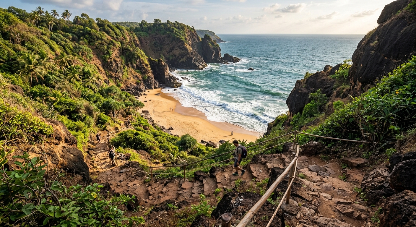 Rocky coastal trail descending to hidden beach, lush greenery, dramatic cliffs, Arabian Sea in background, warm natural