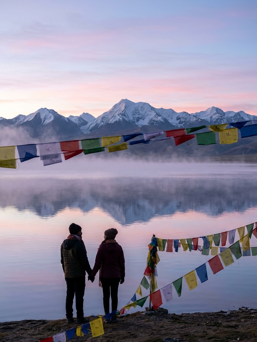 Mansarovar Lake reflection with prayer flags, early morning mist, couple silhouette at shoreline, serene spiritual lands